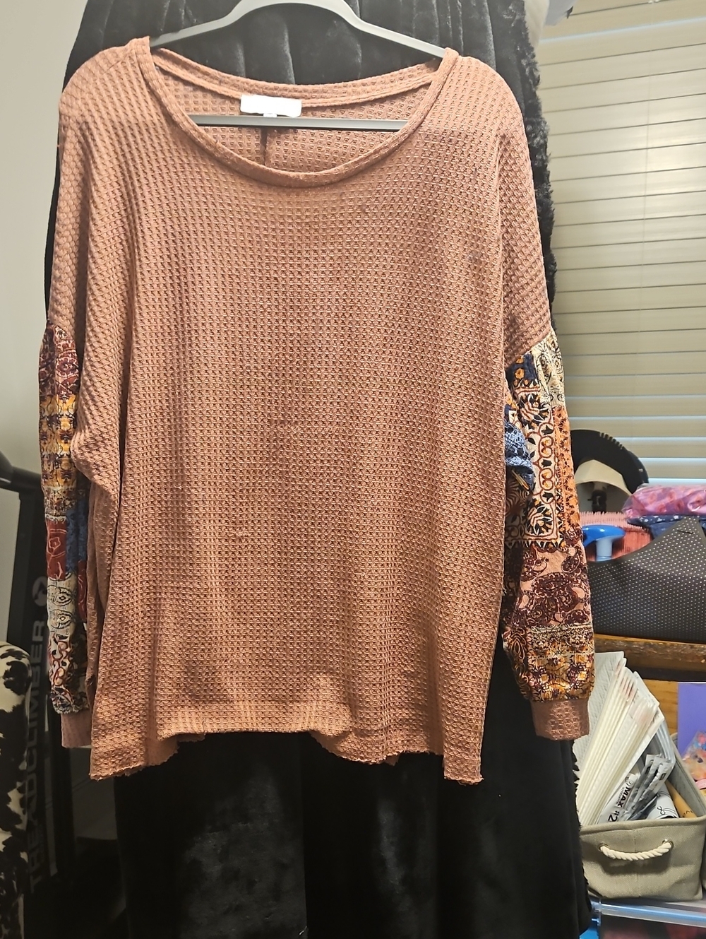 Umgee Rust Waffle Knit Top with Patterned Patch Sleeves